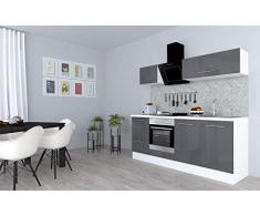 respekta Cocina Pequeña Cocina Bloque de Cocina Cocina Amueblada y Equipada Alto Brillo 210cm Blanco - Gris, 210 cm