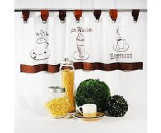 moderna café – Cortina Coffee – Time con trabillas, kurzstore, voile blanco con tres motivos de café típicos bordado – (aprox h/b 40 x 120 cm) – Nueva – También una bonita regalo Idea – Bistro – Visillo para cortina (