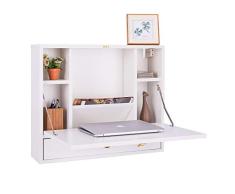 COSTWAY Mesa Plegable de Pared para Ordenador Escritorio de Madera con Compartimientos y Cajón para Hogar (Blanco)