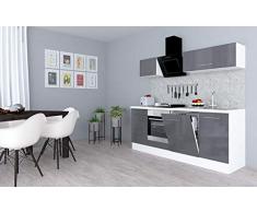 respekta Cocina Pequeña Cocina Bloque de Cocina Cocina Amueblada y Equipada Alto Brillo 220cm Blanco - Gris, 220 cm