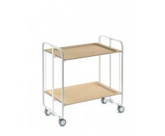 Carrito camarera armazón blanco, 2 bandejas color Haya. Cuatro posiciones fáciles de cambiar: cerrado, abierto, semi-plegado, bandeja inferior semi-plegada.