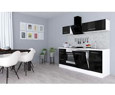 respekta Cocina Pequeña Cocina Bloque de Cocina Cocina Amueblada y Equipada Alto Brillo 220cm Blanco - Negro, 220 cm