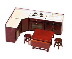 Conjunto cocina modular 7 piezas en madera. Escala 1/12. Apto para todas las casas de muñecas standard