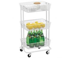 mDesign Mueble auxiliar móvil – Compacto carro con ruedas para todo el hogar – Práctico carrito verdulero con tres estantes de metal – blanco