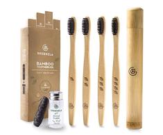 Greenzla Cepillo de Dientes Bambu (4 Pack) con Funda de Viaje e Hilo Dental de Carbón | Naturales y Ecológicos para Adultos | Cepillos de Dientes de Bambú sin BPA, de cerdas suaves y biodegradable