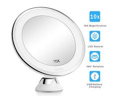DeWEISN Espejo para Maquillarse con Luces LED Naturales, Aumento 10x Espejo de Vanidad con Ventosa de Bloqueo Rotación de 360 ° Portátil, Espejo de Pared Iluminado para Afeitado de Baño y Viajes