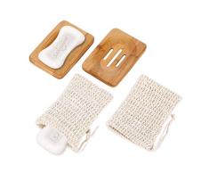 VABNEER 2 Piezas Natural Bambú Bandeja de Jabón Jabonera de Madera Caja de Jabón de Madera Natural con 2 Piezas Bolsa de Jabón Natural Sacos de Jabón