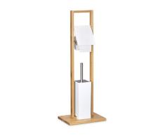 Relaxdays Escobillero Portarrollos de Pie, Bambú-Madera-Metal, Marrón-Blanco, 82 x 30,5 x 21 cm