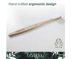 Cepillo de dientes de bambú (paquete de 4 unidades, respetuoso con el medio ambiente, de madera, 100% biodegradable, cerdas suaves, tamaño mediano, de plástico orgánico natural y sin BPA, bambú)