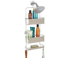 mDesign Estantería ducha sin taladro – Accesorios ducha – Fácil de colgar – Para sus productos de higiene como champú, acondicionador, jabón, etc. - Satinado/gris