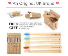 BAMBOOGALOO Cepillos de dientes orgánicos de bambú | Paquete de 5 | Regalo de bastoncillos de algodón de bambú y hilo dental GRATIS | Cepillo de dientes de madera natural premium | Cerdas medianas