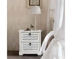 Rebecca Mobili Mesita de Noche montada, Blanco, cómoda compacta con 2 cajones, Madera de Paulownia, Vintage Shabby Chic, Dormitorio - Medidas: 45 x 42 x 29 cm (AxANxF) - Art. RE4571