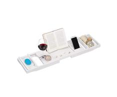 Relaxdays Bandeja bañera Extensible con Soporte para Copas de Vino, Libros y jabón, bambú, Blanco, 75-109 cm.