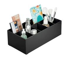 mDesign Organizador de cosméticos para el Lavabo o el tocador – Caja organizadora de plástico Libre de BPA para Guardar el Maquillaje – Moderna Cesta de baño con 6 Compartimentos – Negro