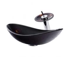 HomeLava Conjunto de lavabo de cristal Hecho de vidrio templado Lavabo sobre encimera para baño con grifo de cascada Forma ovalado (Marrón oscuro)