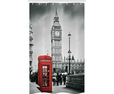 ABAKUHAUS Londres Cortina para baño, Cabina Telefónica Famosa y Big Ben en Inglaterra Vista Urbana Símbolos Ciudad Retro, Tela Estampada de Secado Rápido No Necesita Forro, 120 x 180 cm, Gris
