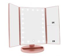 WEILY Espejo de vanidad Triple, 21 LED y Aumento 1X / 2X / 3X, Interruptor táctil para Ajustar el Brillo, Modo de Fuente de alimentación Dual Espejo de Maquillaje (Oro Rosa)