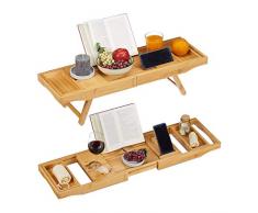 Relaxdays Bandeja Cama y Bañera Extensible 2 en 1 con Soporte para Libros y Copas de Vino, Bambú, Marrón, 74.5-114 cm