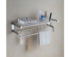 Eridanus Estante de Toallas, Toallero Doble de Acero Inoxidable SUS304 de Pared, Estantería de Almacenamiento para Baño con Barras y Ganchos(60x15x22,5cm)
