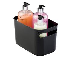 mDesign Organizador de baño – Organizador de cosméticos y de productos de belleza – Práctica caja organizadora para guardar accesorios de baño – Tres compartimentos – Color: negro