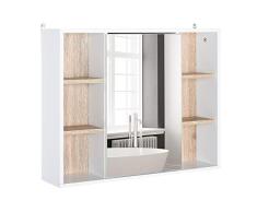 HOMCOM Armario Espejo con Espacio Interno con Estantes Ajustables Armario de Baño Montado en la Pared con Estantes Abiertos 60x14,5x49,4 cm Blanco y Roble