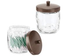 mDesign Juego de 2 organizadores de cosméticos – Algodonero con tapa para discos de algodón, gomas de pelo, etc. – Organizador de baño multiusos de vidrio y bambú para lavabo – transparente y marrón