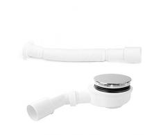 Sifón para plato de ducha | AQUABAD® Trapflex Compacto, altura: 60 mm |Válvula de desagüe, horizontal | Set de Desagüe incluido el sifón de diámetro ø 90 mm, desagüe y conector flexible | Color de la tapa: Cromo