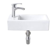 montaje en pared de la esquina pequeña palangana y el grifo combinado porcelana rectángulo blanco de cerámica encima de mini contador de lavamanos con grifo cromado y drenaje pop-up, la mano izquierda