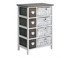 Rebecca Mobili Comóda Madera Mimbre, Mueble baño Vintage, 8 cajones, Color Blanco, Perilla Forma de corazón - Medidas: 71 x 51 x P 30 cm (AxANxF) - Art. RE4356