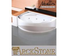 Bañera Baño hidromasaje Esquina Ángulo Curva asimétrica Novellini Vogue Hydro desinfección 150x85 165x85 H55 cm columna instalación Izquierda SX Panel frontal Idro Whirlpool mando reposacabezas marco