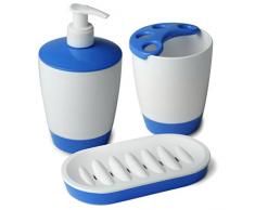TATAY 6110312 Kristal juego de jabonera, vaso para cepillo de dientes, dispensador de jabón, blanco/azul (3 unidades)