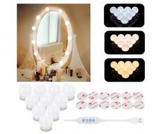 Aourow Luces de Espejo Maquillaje,Diseño de Cable USB Luz de Tocador LED con Interruptor y 10 Bombillas Regulables,5 Modos de Color y 6 Brillo (Sin Espejo y Cargador USB)