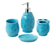 Conjunto de 4 Accesorios de baño de cerámica de diseño | Incluye jabón líquido o loción con portacepillos, Vidrio, jabonera | Celosía marroquí | Azul