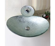 HomeLava Lavabo Sobre Encimera Cristal con Grifo de Cascada,Conjunto de Lavabo,Drenaje de Agua y Anillo de Montaje,Plata Ovalado