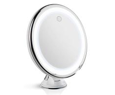 Fancii Espejo Maquillaje de Aumento 10x con Luz LED Diurna, USB y Pilas - Espejo Ventosa Iluminado, 20 cm de Ancho, Cromo (Luna)