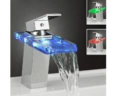 Auralum® Grifo de Lavabo Grifo Moderno Cascada Baño LED RGB Cambio Color Cromo Plateada Latón y Cristal Diseño Elegante