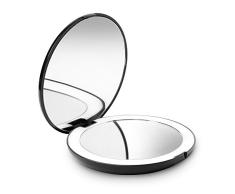 Fancii Espejo de Bolsillo Compacto Iluminado LED para Maquillaje - Aumento de 1X/10X - Gran Espejo Plegable de 127 mm con LED de Iluminación Natural - Portátil para de Viaje (Negro)