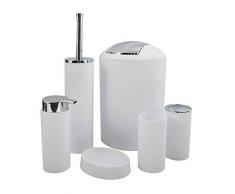 MSV Hannah - Juego de accesorios para baño (6 piezas, dispensador de jabón, escobilla de baño, jabonera, cubo de cosméticos y vaso para cepillos de dientes), color blanco