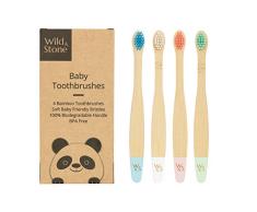 Wild & Stone | Cepillo de dientes de bambú orgánico para bebés | Cuatro colores | Cerdas de fibra | Mango 100% biodegradable | Cepillos de dientes veganos ecológicos para bebés