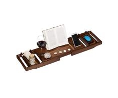 Relaxdays Bandeja bañera Extensible con Soporte para Copas de Vino, Libros y jabón, bambú, marrón Oscuro, 75-109 cm.