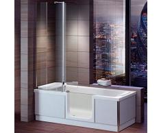 Bañera con puerta, senior bañera 180 x 80 x 57,5 cm con cabina de ducha, delantal y desagüe de bañera/Sifon, derecho)
