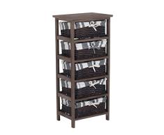 HOMCOM Armario Auxiliar 5 Cajones Cajonera Madera Mimbre 40x29x90cm Estanteria Organizador Nuevo (Marron)