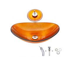 HomeLava Conjunto de lavabo de cristal Hecho de vidrio templado Lavabo sobre encimera para baño con grifo de cascada Forma ovalado (Naranja claro)