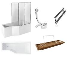 BESCO Integra Bañera con pantalla 150 x 75 cm acrílico SET Delantal Sifón bañera esquina bañera Blanco Diseño Moderno desagüe derecho