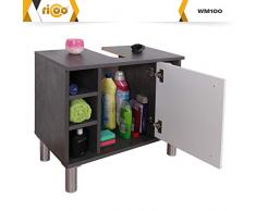 RICOO WM100-G-W, Mueble baño bajo Lavabo, 60x54x32cm, Armario Auxiliar pequeño, Estantería Debajo lavamanos, Toallero, Madera Blanca y Gris Cemento
