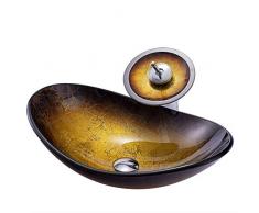 HomeLava Conjunto de lavabo de cristal Hecho de vidrio templado Lavabo sobre encimera para baño con grifo de cascada Forma ovalado (Amarillo)