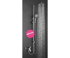 Columna de ducha SIN GRIFERÍA extensible de 80 a 120 cm. Se conecta a grifos de ducha estandar. Incluye desviador, 2 flexos de 60cm y 175cm, ducha de mano hidromasaje y rociador superior redondos