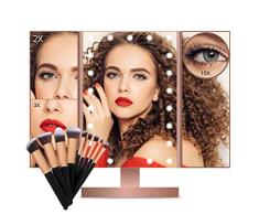Espejo de Maquillaje, Espejo Maquillaje con Luz Sets de Brochas Maquillaje 1X/2X/3X/10X Aumento 21 LED en Iluminacíon Espejo de Mesa Tríptico Rotación de 180° Cosmético Pantalla Táctil Espejo