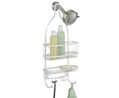 InterDesign York Lyra colgador ducha con 2 cestas y 4 ganchos | Perchero baño para colgar en la bañera | Portaobjetos ducha colgante | De metal color blanco perla