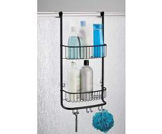iDesign Organizador de ducha para colgar, pequeña estantería colgante de metal con 2 baldas y 3 ganchos dobles, cesta de ducha para la cabina de ducha, negro